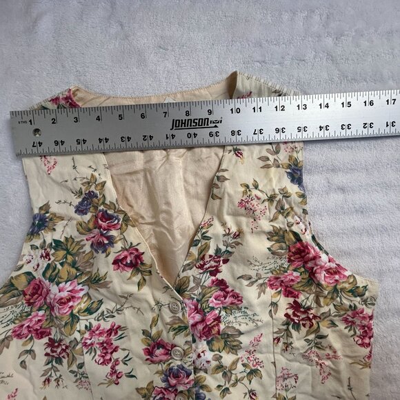 Talbots Womens V-Neck Floral Vest Medium Beige Striped Back Lightweight Pockets - Picture 5 of 7